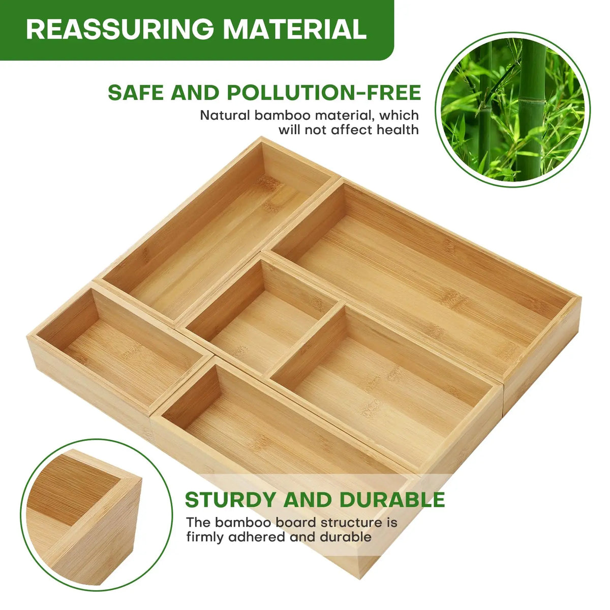 Bamboo Drawer Organizer Set, Individual Wood Storage Organizers 5 PCS Multi-Use Junk Drawer Divider, Storage Trays Containers for Kitchen, Bathroom, Office Desk, Makeup, Jewelry, Utensils