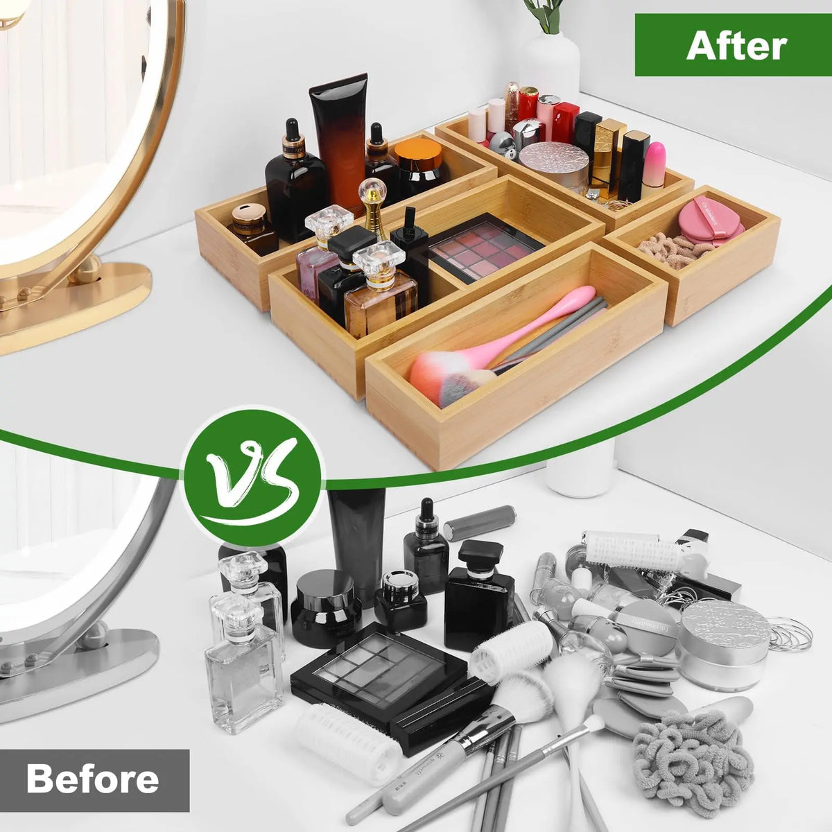Bamboo Drawer Organizer Set, Individual Wood Storage Organizers 5 PCS Multi-Use Junk Drawer Divider, Storage Trays Containers for Kitchen, Bathroom, Office Desk, Makeup, Jewelry, Utensils
