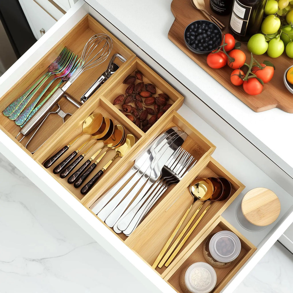 Bamboo Drawer Organizer Set, Individual Wood Storage Organizers 5 PCS Multi-Use Junk Drawer Divider, Storage Trays Containers for Kitchen, Bathroom, Office Desk, Makeup, Jewelry, Utensils