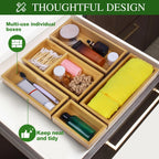 Bamboo Drawer Organizer Set, Individual Wood Storage Organizers 5 PCS Multi-Use Junk Drawer Divider, Storage Trays Containers for Kitchen, Bathroom, Office Desk, Makeup, Jewelry, Utensils