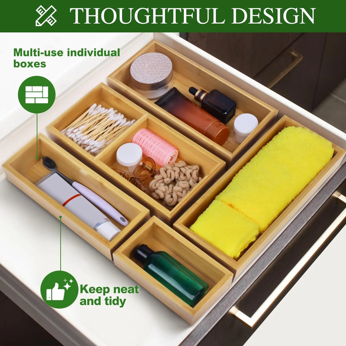 Bamboo Drawer Organizer Set, Individual Wood Storage Organizers 5 PCS Multi-Use Junk Drawer Divider, Storage Trays Containers for Kitchen, Bathroom, Office Desk, Makeup, Jewelry, Utensils