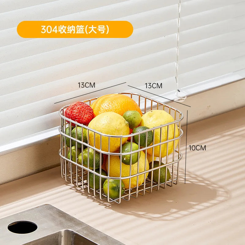 304 Stainless Drain Basket Household Kitchen Storage Basket Square Fruit Vegetable Basket Cosmetics Storage Basket