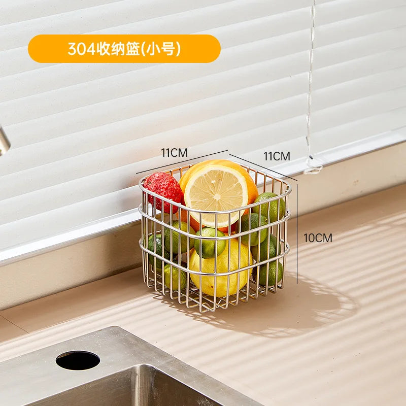 304 Stainless Drain Basket Household Kitchen Storage Basket Square Fruit Vegetable Basket Cosmetics Storage Basket