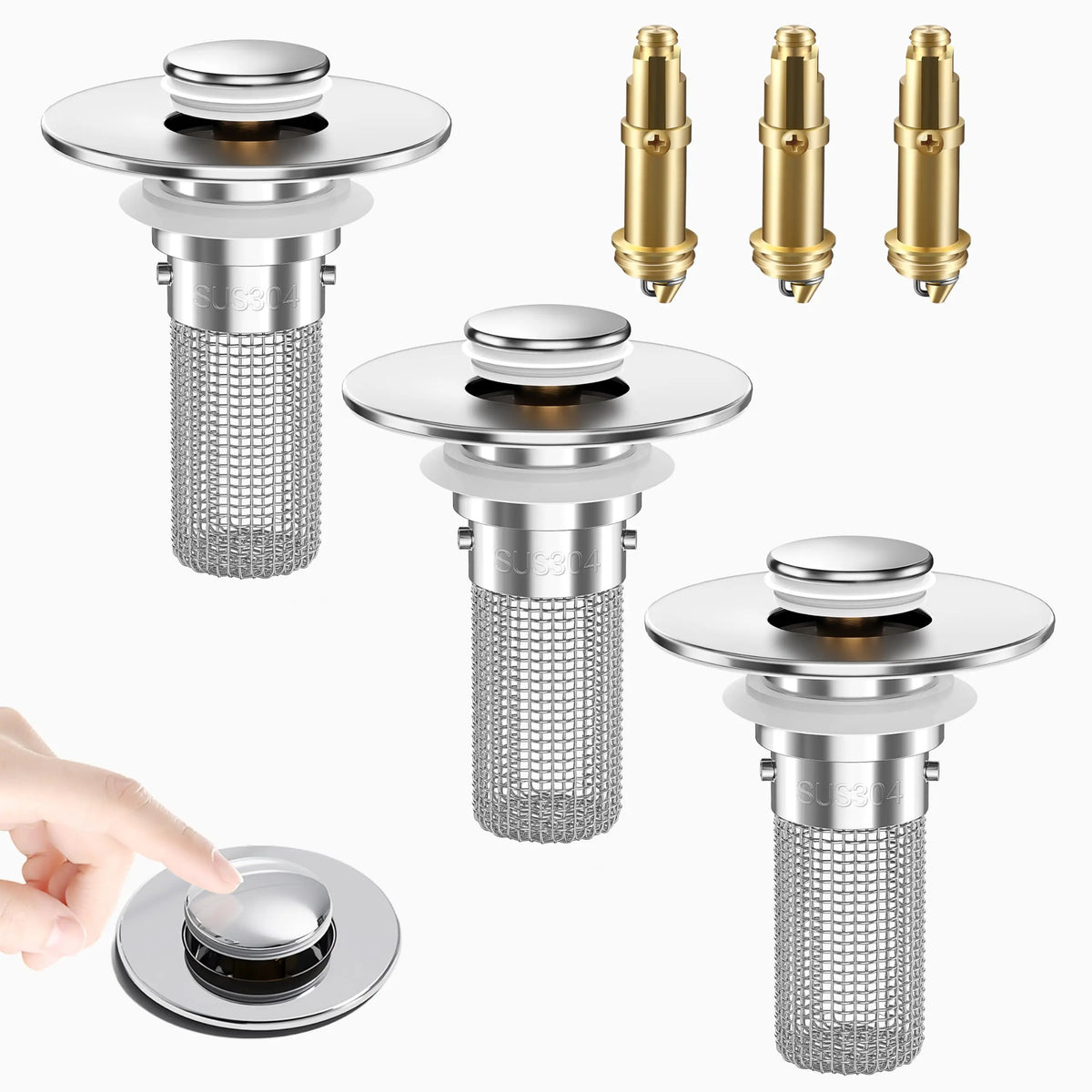 Anti-Clogging Pop-Up Sink Drain Plug - 3 Pcs Universal Washbasin Hair Catcher Stopper, Stainless Steel Bullet Core Bounce Filter, Jewelry Ring Saver for Bathroom & Kitchen Sink