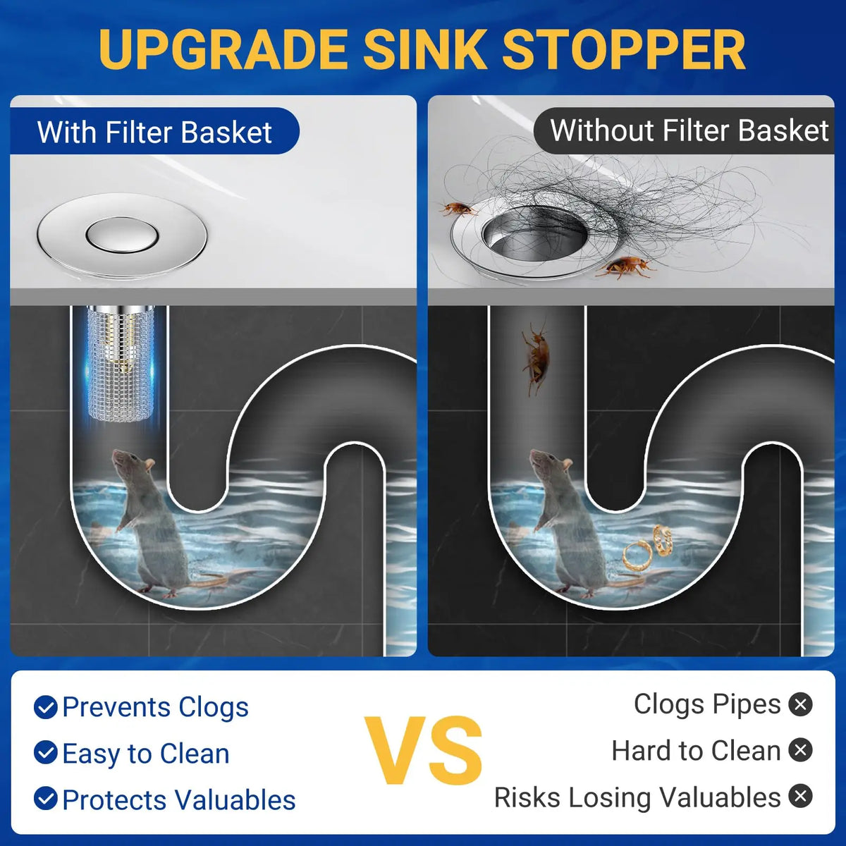 Anti-Clogging Pop-Up Sink Drain Plug - 3 Pcs Universal Washbasin Hair Catcher Stopper, Stainless Steel Bullet Core Bounce Filter, Jewelry Ring Saver for Bathroom & Kitchen Sink
