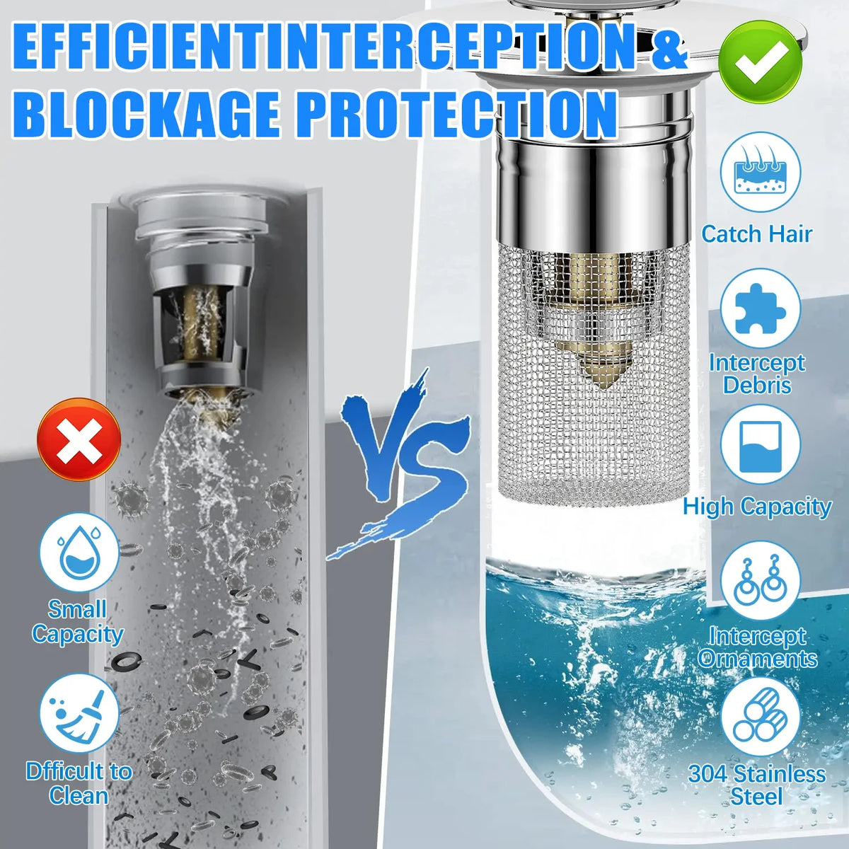 Anti-Clogging Pop-Up Sink Drain Plug - 3 Pcs Universal Washbasin Hair Catcher Stopper, Stainless Steel Bullet Core Bounce Filter, Jewelry Ring Saver for Bathroom & Kitchen Sink