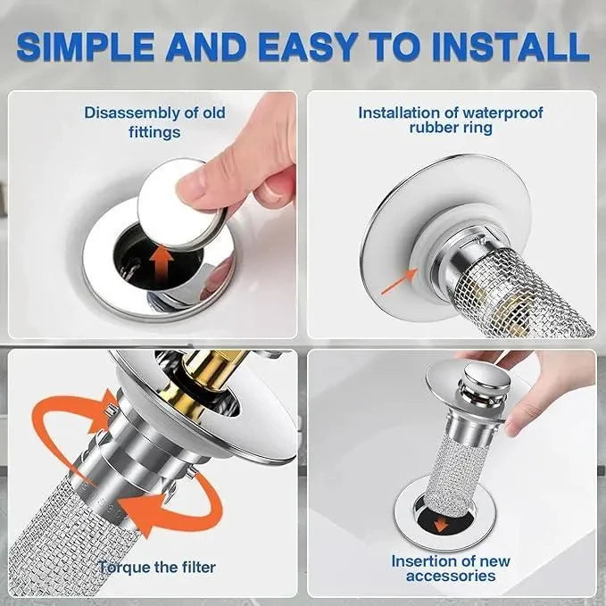 Anti-Clogging Pop-Up Sink Drain Plug - 3 Pcs Universal Washbasin Hair Catcher Stopper, Stainless Steel Bullet Core Bounce Filter, Jewelry Ring Saver for Bathroom & Kitchen Sink