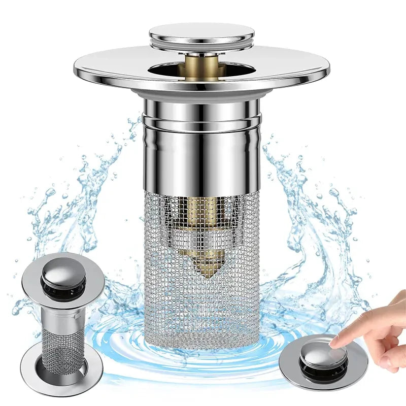 Anti-Clogging Pop-Up Sink Drain Plug - 3 Pcs Universal Washbasin Hair Catcher Stopper, Stainless Steel Bullet Core Bounce Filter, Jewelry Ring Saver for Bathroom & Kitchen Sink