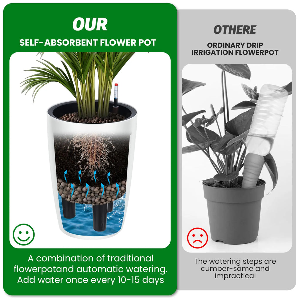 16 Inch Tall Self Watering Planters Set Of 2 With Water Level Indicator, Drainage Reservoir Indoor Outdoor Flower Pots For Patio Porch