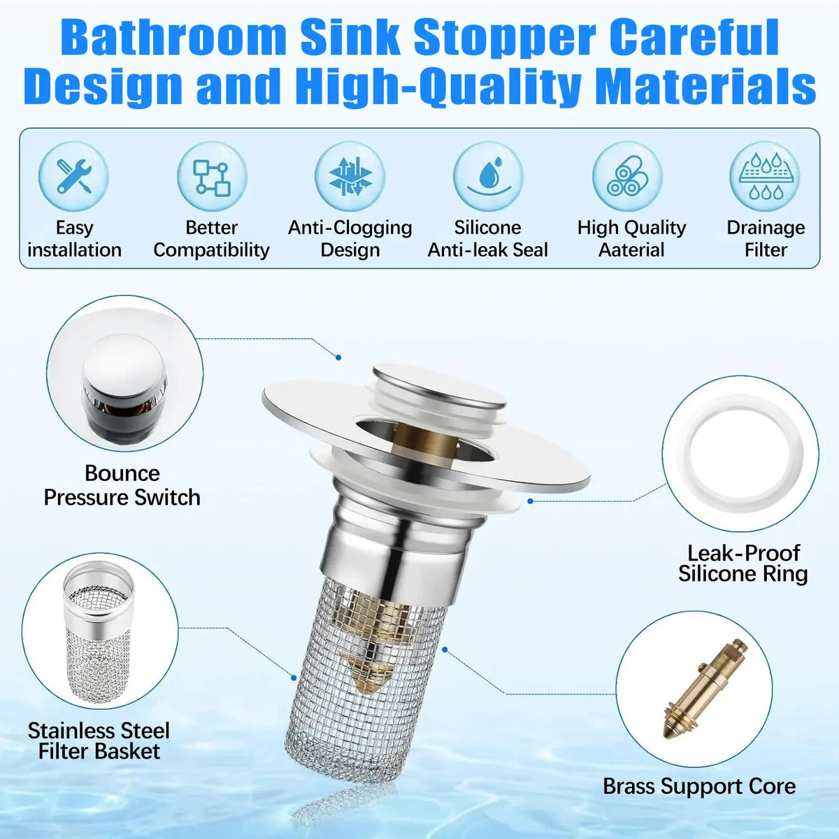 Anti-Clogging Pop-Up Sink Drain Plug - 3 Pcs Universal Washbasin Hair Catcher Stopper, Stainless Steel Bullet Core Bounce Filter, Jewelry Ring Saver for Bathroom & Kitchen Sink