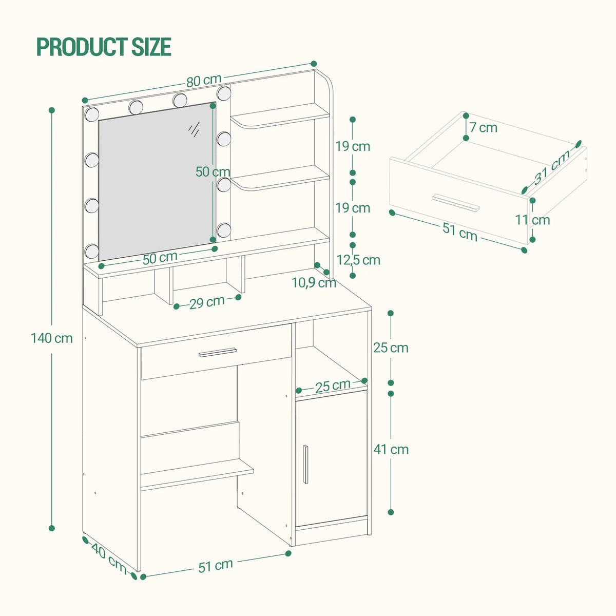 LED Vanity Dressing Table with Mirror - Seliora