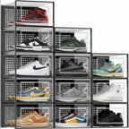 12 Pack Stackable Clear Plastic Shoe Storage Boxes with Front Door, Foldable Shoe Organizer Containers, Dust-Proof Transparent Shoe Drawer Bins for Closet Bedroom Sneaker Boots Storage