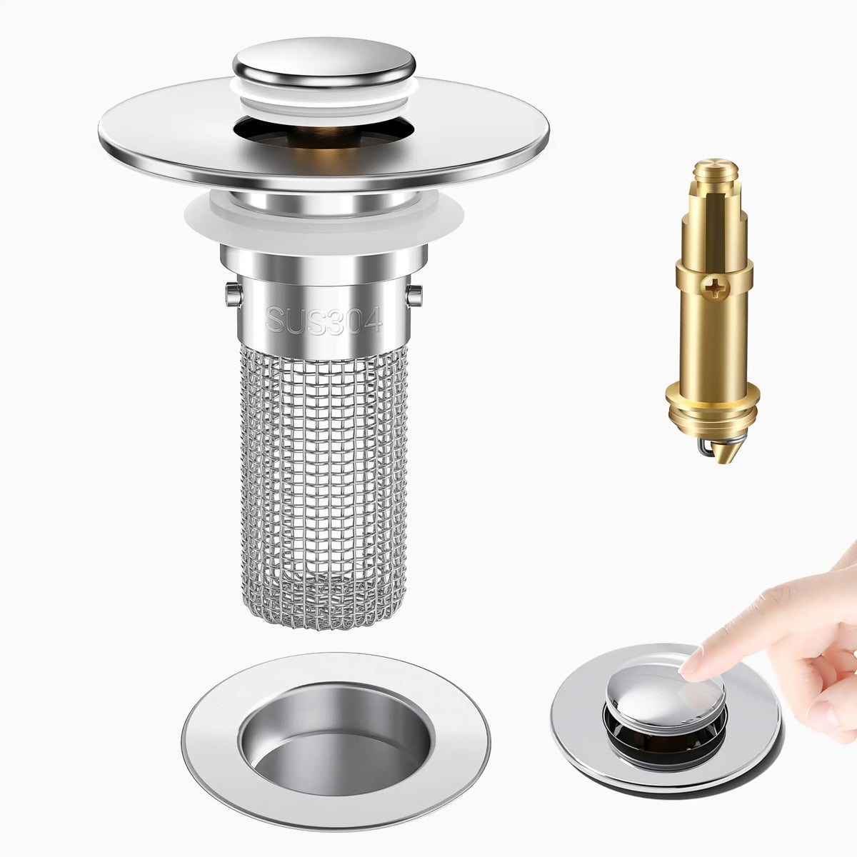 Anti-Clogging Pop-Up Sink Drain Plug - 3 Pcs Universal Washbasin Hair Catcher Stopper, Stainless Steel Bullet Core Bounce Filter, Jewelry Ring Saver for Bathroom & Kitchen Sink