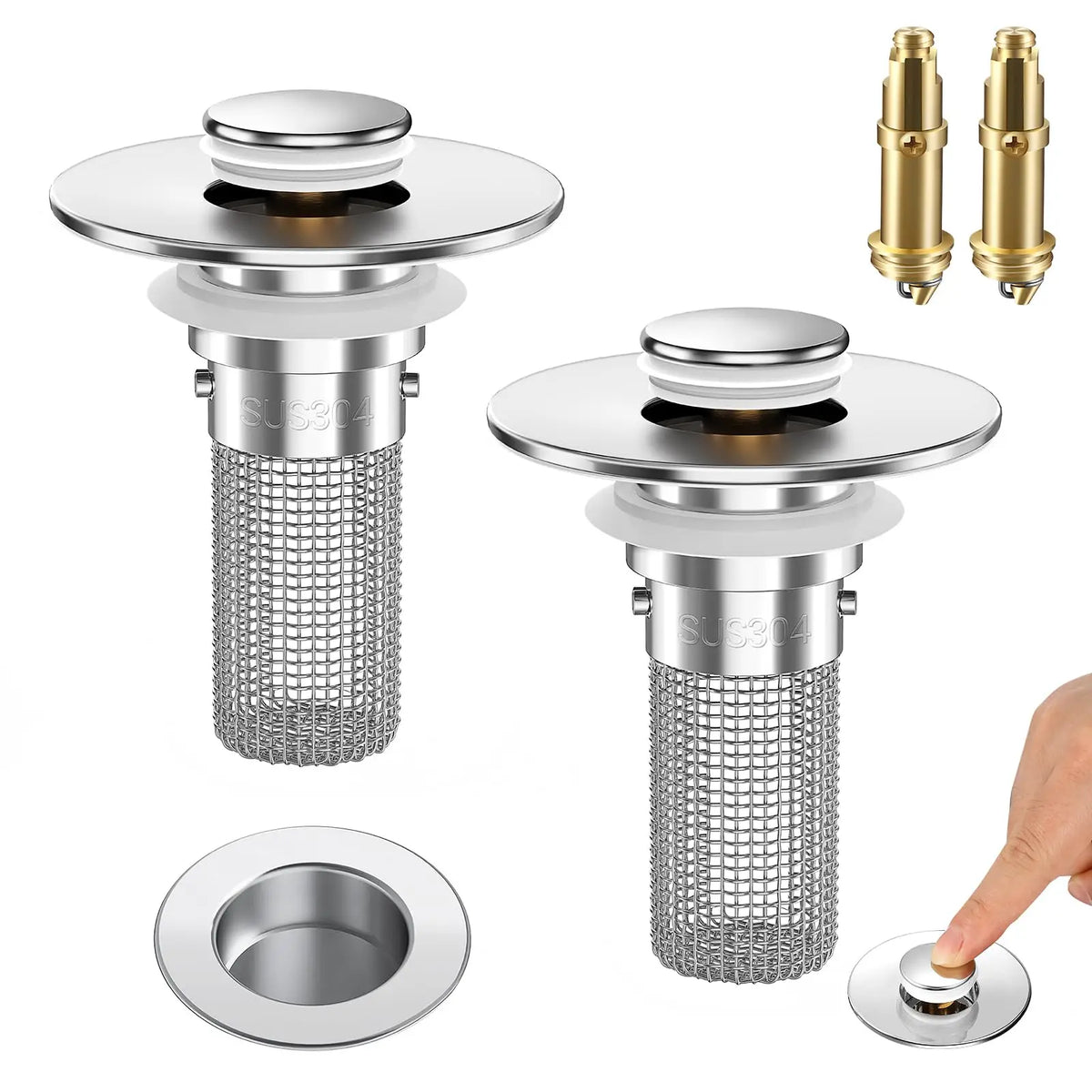 Anti-Clogging Pop-Up Sink Drain Plug - 3 Pcs Universal Washbasin Hair Catcher Stopper, Stainless Steel Bullet Core Bounce Filter, Jewelry Ring Saver for Bathroom & Kitchen Sink